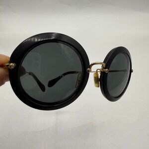Miu Miu SMU 13N Black Round Sunglasses Gold Accents Made in Italy
